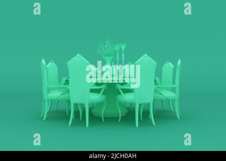 Light green dining table and dining chairs, 3D rendering. Stock Photo