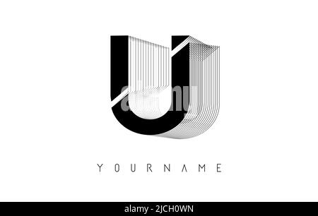 Black Wireframe U Letter Logo Design. Creative vector illustration with wired, mirrored outline frame. Pastel colors logo. Stock Vector