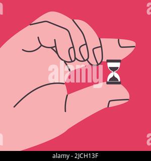 Illustration with a huge hand holding an hourglass on a red background. Business banner about fleeting time. Watch in hand. Vector eps 10. Stock Vector
