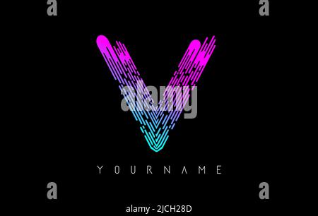 Vibrant pink and blue  V letter logo concept. Creative Minimal Monochrome Monogram emblem design template with lines and finger print pattern. Stock Vector