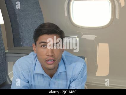 Composite image of hispanic young man against airplane window in background Stock Photo