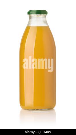 Glass bottle of mango juice isolated on white Stock Photo