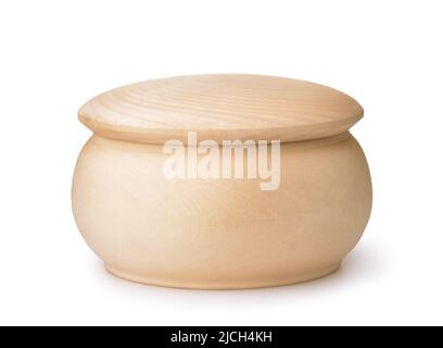 Front view of unpainted round wooden jar with lid isolated on white Stock Photo