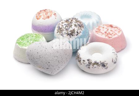 Group of various aroma bath bombs isolated on white Stock Photo