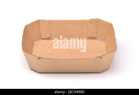 Front view of empty brown paper packaging food tray isolated on white Stock Photo