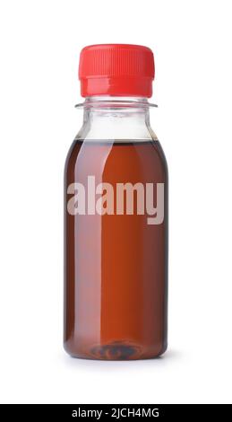 Front view of caramel flavored coffee syrup plastic bottle isolated on white Stock Photo