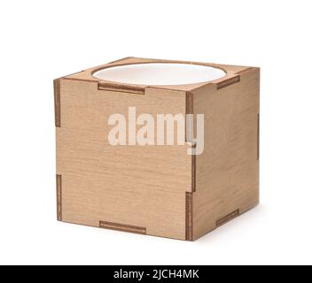 Empty plywood cubic flower ​pot isolated isolated on white Stock Photo