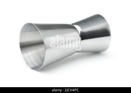 Stainless steel double side cocktail jigger isolated on white Stock Photo