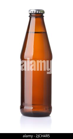 Front view of small brown unlabeled glass beer bottle isolated on white Stock Photo