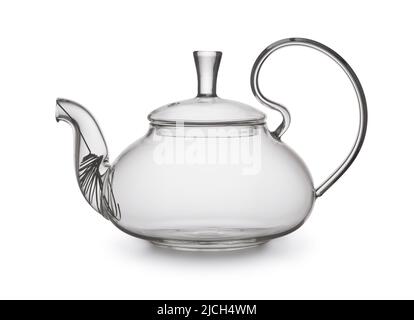 Side view of empty glass teapot isolated on white Stock Photo
