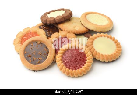 Pile of various round cookies isolated on white Stock Photo