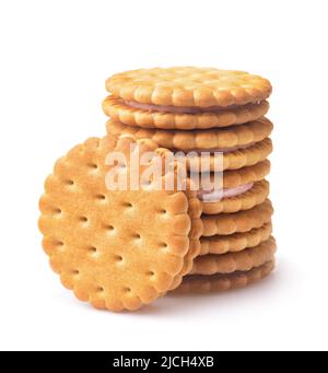 Stack of sandwich biscuits with fruit filling isolated on white Stock Photo