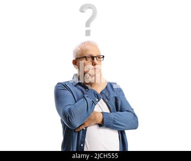 Doubtful mature man with a question mark above his head isolated on white background Stock Photo