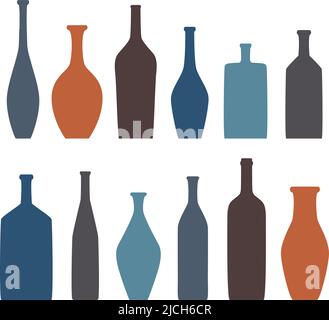 Vase and bottle silhouettes set. Different jugs and vessels silhouette collection. Various forms and shapes of vases. Clay ceramic or grass bottles Stock Vector