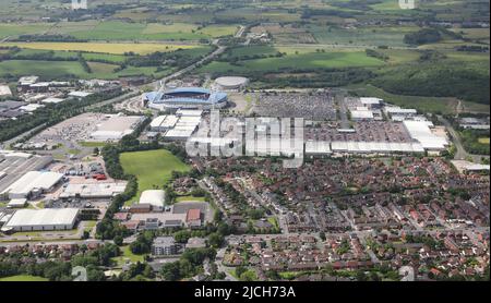 Aerial view of the Middlebrook, Bolton. A development sometimes referred to as the Reebok site, Lancashire. Features the University of Bolton Stadium. Stock Photo