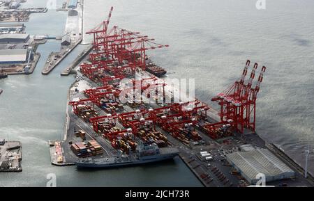 aerial view of E.ON Liverpool Bulk Terminal, Peel Ports, Seaforth Docks, Liverpool, Merseyside Stock Photo