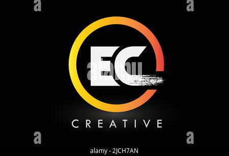 Circular White EC Brush Letter Logo Design with Black Circle. Creative Brushed Letters Icon Logo. Stock Vector