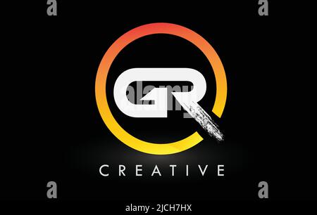 Circular White GR Brush Letter Logo Design with Black Circle. Creative Brushed Letters Icon Logo. Stock Vector