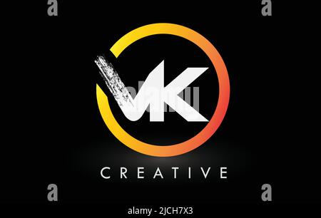 White VK Brush Letter Logo Design with Black Circle. Creative Brushed ...