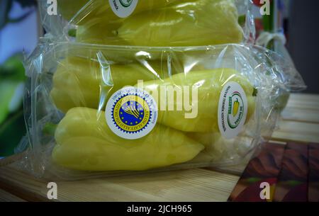 Berlin, Germany. 07th Apr, 2022. Yellow bell bell pepper packed in plastic at Fruit Logistica, the international trade fair for fruit and vegetables, photographed on April 07, 2022 in the exhibition halls in Berlin Charlottenburg. The leading trade fair took place without Corona requirements. © BY XAMAX Credit: XAMAX/dpa/Alamy Live News Stock Photo