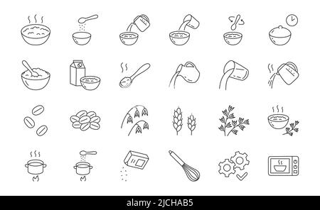 Oatmeal doodle illustration including icons - oat porridge bowl, muesli, granola, grain, jug, boiled rice water pot, healthy meal, wheat, whisk. Thin Stock Vector