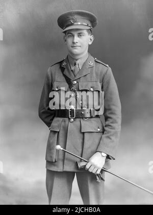 A vintage black and white photograph taken on 15th November 1918 showing Lieutenant Roger Lewin Taverner of the Kings Shropshire Light Infantry, a regiment of the British Army. He was born on 28th March 1899 at Upton-On-Severn, Worcestershire. Died on 6th February 1976. He later went to be made a Captain and then a Brigadier Major in the KSLI. During World War II his aircraft was shot down and he was a Prisoner Of War until the end of the war. Photograph was taken at the famous London studios of Alexander Bassano.