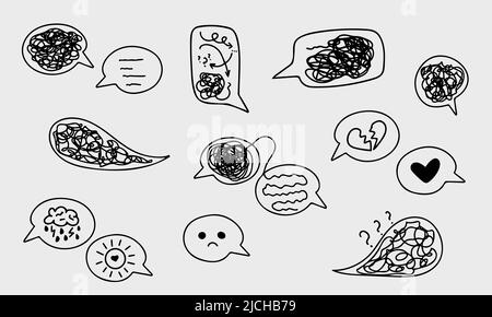 Set of confused messed up thoughts bubble line art icons. Depressed mental state before therapy, brain overthinking Stock Vector