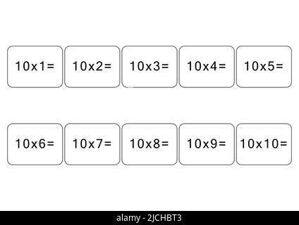 Multiplication and division table of 10. Maths card with an example, drawing. Multiplication Square, vector illustration. Printed products, banner Stock Vector