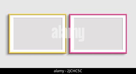 Two horizontal yellow and pink frames on a light gray background. Mockup of poster frames. Art show. Stock Photo