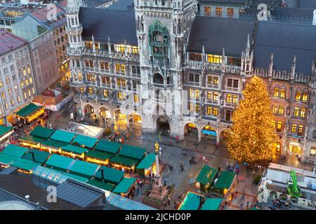 Overview of the Marienplatz Christmas Market and the New Town Hall, Munich, Bavaria, Germany