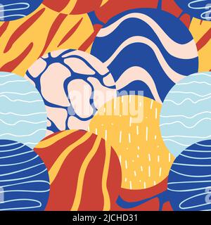Abstract collage creative shapes seamless pattern, collage from different textured circles, waves cells rays strips animal print abstract spots and pe Stock Vector