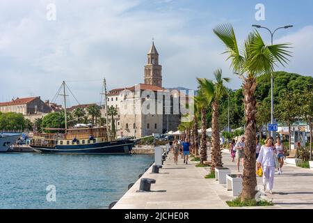 View of Cathedral Saint Dommios tower and The Riva Waterfront, Split, Croatia Stock Photo