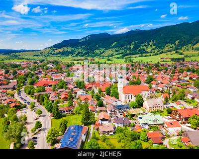 St. Peter and Paul Church aerial panoramic view in Oberammergau. Oberammergau is a town in the district of Garmisch-Partenkirchen in Bavaria, Germany. Stock Photo