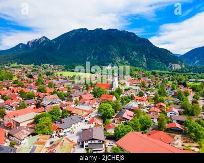 St. Peter and Paul Church aerial panoramic view in Oberammergau. Oberammergau is a town in the district of Garmisch-Partenkirchen in Bavaria, Germany. Stock Photo