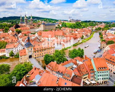 Bamberg old town aerial panoramic view. Bamberg is a town on the river Regnitz in Upper Franconia, Bavaria in Germany. Stock Photo