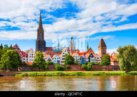 Metzgerturm Tower and Ulm Minster or Ulmer Munster Cathedral, a Lutheran church located in Ulm, Germany. It is currently the tallest church in the wor Stock Photo