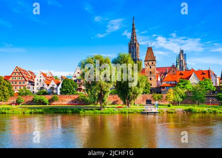 Metzgerturm Tower, Ulm Minster Church or Ulmer Munster Cathedral and Danube river in Ulm old town. Ulm Minster Church is currently the tallest church Stock Photo