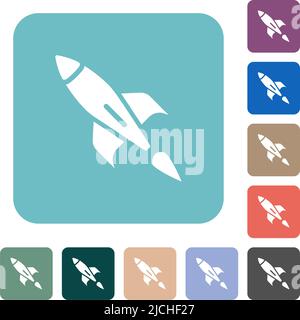 Single launched rocket white flat icons on color rounded square backgrounds Stock Vector