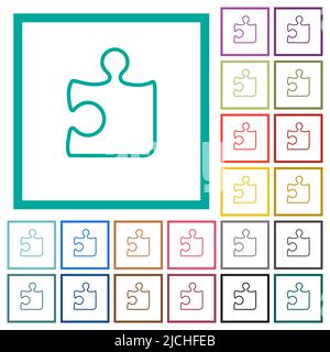 Single puzzle piece outline flat color icons with quadrant frames on white background Stock Vector
