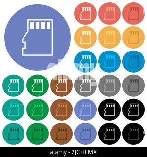 Micro SD memory card outline multi colored flat icons on round backgrounds. Included white, light and dark icon variations for hover and active status Stock Vector