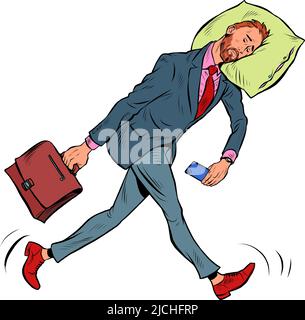 A tired businessman sleeps on the move. Goes to work in the morning with his head on a pillow Stock Vector