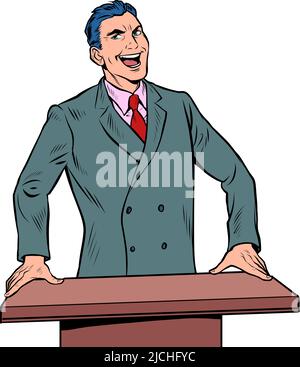 businessman speaker speaks on podium, training business school. Politician or preacher Stock Vector