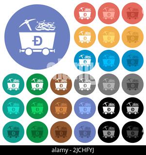 Dogecoin cryptocurrency mining with treasure multi colored flat icons on round backgrounds. Included white, light and dark icon variations for hover a Stock Vector