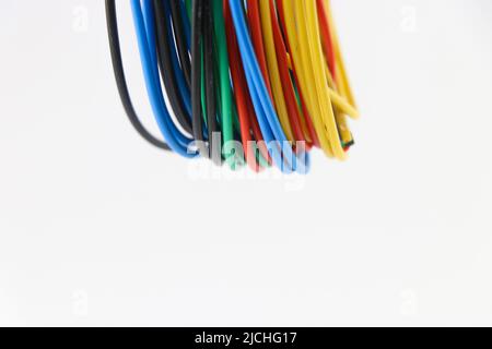Multiple colored wires with side view details on a white background Stock Photo