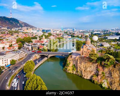 Metekhi Church aerial panoramic view in Tbilisi old town. Tbilisi is the capital and the largest city of Georgia, lying on the banks of the Kura River Stock Photo