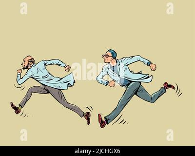 scientists run, scientific research. Doctors in white coats. Sports and health, anxiety and speed Stock Vector