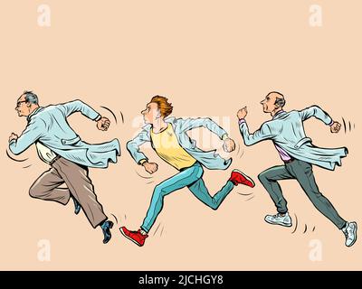 scientists run, scientific research. Doctors in white coats. Sports and health, anxiety and speed Stock Vector