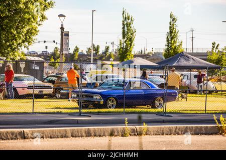 Cars arrive at the American Graffiti charity Car Show at the Modesto Junior College campus June 11-12 2022 Stock Photo