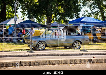 A 1969 Chevy short-bed pickup arrive at the American Graffiti charity Car Show at the Modesto Junior College campus June 11-12 2022 Stock Photo
