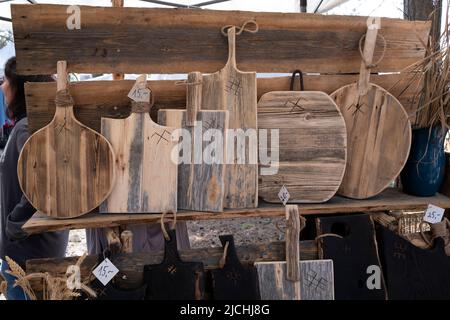 Wooden chopping boards display at The Ethnographic Open-Air Museum of Latvia, Riga, Latvia Stock Photo